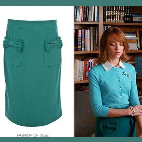 MARC Marc Jacobs TEAL WOOL SKIRT With Bows & Gold Zipper Pull Lined Size 4 Glee - Picture 10 of 10